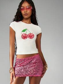 MISSGUIDED Disco Kugel Kirsche Retro Baby T-Shirt Y2K Tanzclub Party Grafik Muster Crop Top