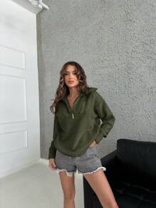 EURMUSE Half Zip Drop Shoulder Oversized Sweater - Khaki - View 3