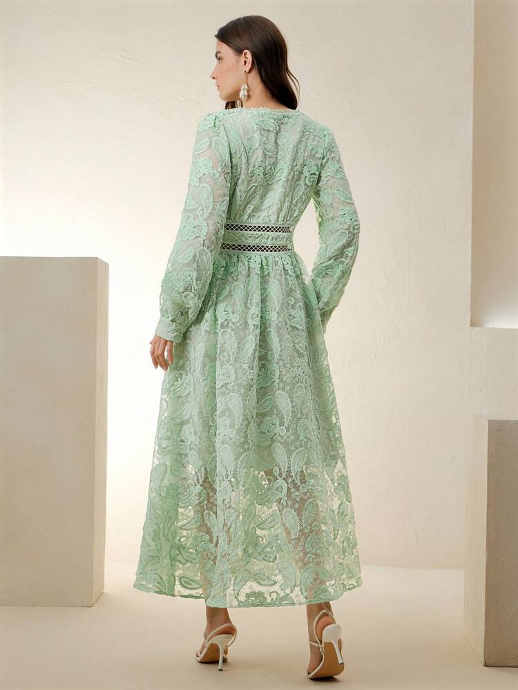 Women's Elegant Chic V-Neck Fitted Waist Semi-Sheer Eyelet Embroidered Long Sleeve Dress, Suitable For Spring/Summer, Dates, Festivals, Graduation