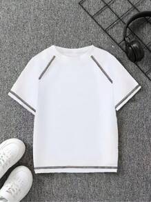 幼儿男童夏季休闲简约拼色装饰纯色针织插肩袖圆领T恤