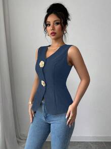 Rafferiza 女士V领修身金色玫瑰纽扣装饰上衣，可外穿