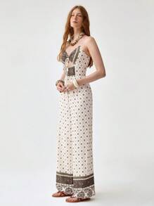 Florisole Khaki Printed Fashionable Vacation Drawstring Jumpsuit For Women - Apricot - View 4