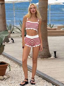 SHEIN EZwear 2 件套女士休闲撞色条纹扇贝下摆短款毛衣上衣和短裤套装 - 紅白色 - 查看 3