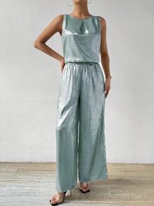 Chiquease Conjunto de dos piezas de pantalones largos de color metálico de moda para damas, para fiestas de Año Nuevo y celebraciones - Azul - Ver 5