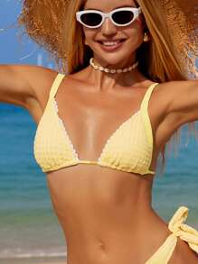 Swim Mod 1 buah Atasan Bikini Wanita Bertekstur Kuning dengan Dekorasi Renda, Bentuk Segitiga dengan Tali Bahu yang Dapat Diatur, Cocok untuk Liburan Musim Panas Santai di Pantai - Kuning - View 3