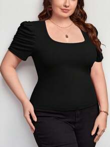 SHEIN Privé Plus Scoop Neck Ruched Puff Sleeve Tee