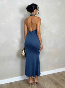 SHEIN PETITE Đầm dài ôm dáng hở lưng màu trơn tối giản thanh lịch dành cho nữ, thích hợp mặc hàng ngày, trang phục thường ngày cho nữ, quần áo mùa hè cho nữ, quần áo mùa thu cho nữ, trở lại trường học - Xanh đậm - Xem 7