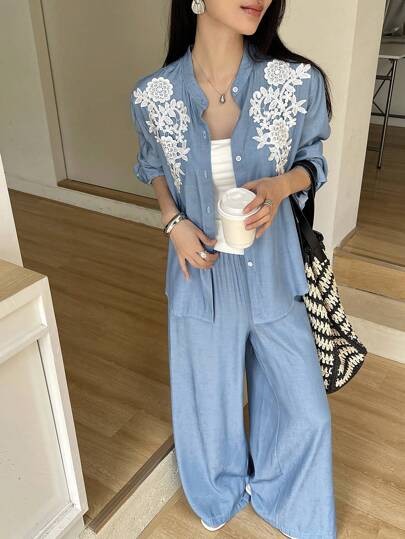 DAZY 2 件套夏季新款度假装仿牛仔蕾丝装饰衬衫和裤子套装，适合女士，返校服