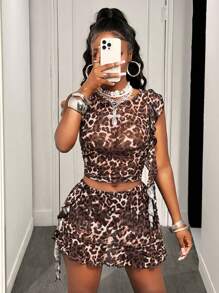 Slaydiva Spring And Summer New Casual Street Sexy Round Neck Sleeveless Short Two Pieces Set Pleated Ruffle Vest Top + Asymmetrical Hem Ruffle Mini Skirt Hip Skirt Brown Leopard Print Full-Frame Print Mesh Suit Women's Two Pieces Set Y2k Two Piece Set Leopard Print Outfit Women Cute Two Piece Set Leopard Print Two Piece Set Animal Print Outfit - Brown - View 9