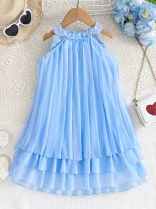 SHEIN Elladie kids Young Girl Solid Color Pleated Halterneck Dress Summer Holiday - Blue - View 2