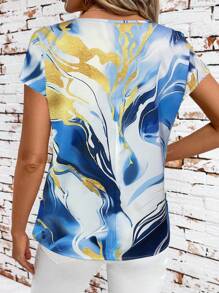 SHEIN Clasi 圆领蓝色波浪金色图案女式衬衫，适合日常穿着 - 藍色 - 查看 2