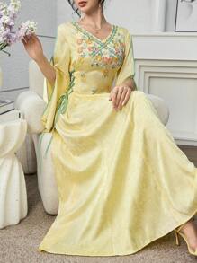 Yasmyna Vestido fluido de manga abullonada con escote en V, aplicaciones florales 3D y volante, color amarillo, para primavera/verano