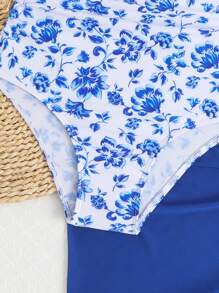 SHEIN Girls Big Kids (8-14 Years) Blue White Floral Print One-Piece Swimsuit Sets With Wrap Skirt Cutout Bathing Suit Quick Dry Swimwear For Beach Pool