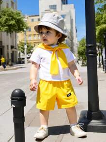 SHEIN Playful Pals Baby Boy & Toddler Boys Casual Blue Cape Design White Short Sleeve Top And Navy Blue Shorts Set, Round Neck Short Sleeve Top With Matching Shorts Outfit For Everyday Wear, Summer Yellow Baby Outfit Summer Outfits For Toddlers Sporty Summer Clothes Toddler Girl Summer Outfits For Toddler Summer Clothes For Toddler - Yellow - View 5