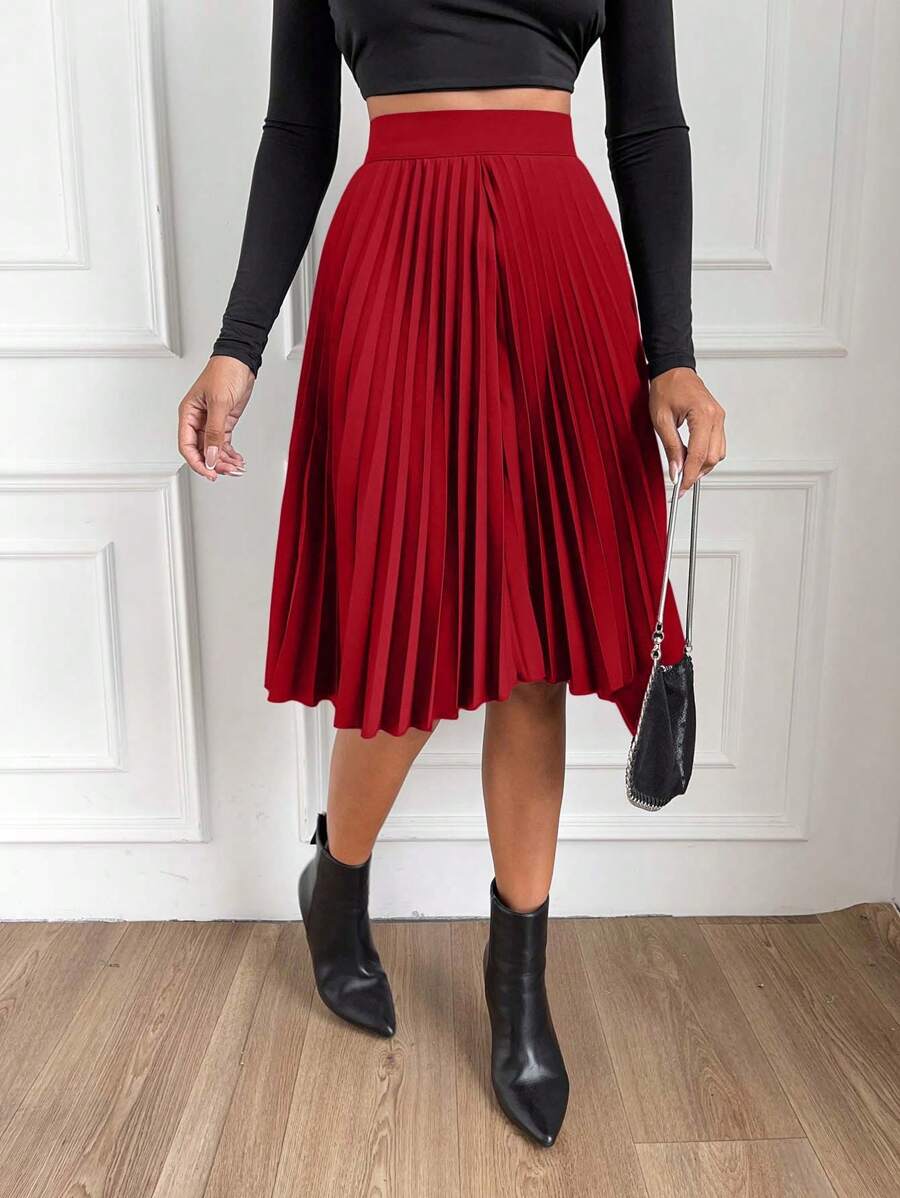 EURMUSE 女士优雅通勤纯色百褶裙 - 紅色 - 查看 1