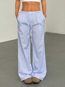 SHEIN Tall Pantalones sueltos y casuales de pierna ancha con bolsillos, cintura baja con cordón, de tela arrugada con rayas azules y blancas, aptos para vacaciones, playa, uso diario y verano, especialmente para mujeres altas