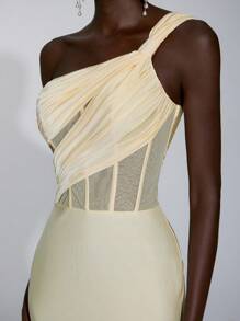 Elitara Women's Elegant Asymmetrical Shoulder Ruching Fishtail Skirt Formal Evening Dress, Minimalist Stretch Knit Train Gown For Wedding&Birthday Party - Light Yellow - View 2