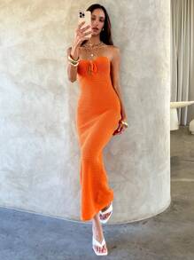 Aloruh Women's Vacation Orange Color Tube Maxi Crochet Dress,Beach Vacation Outfits - Orange - View 6