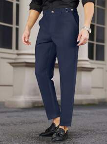 Manfinity Bizformal Naples 男士白色可调节腰部直筒修身正装裤男士西装裤男士西装裤男士正装裤 - 藏蓝色 - 查看 4