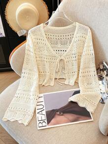 Franclia Áo len cardigan ren nhẹ đan móc rỗng màu trơn mới cho nữ, áo choàng đa năng - Màu be - Xem 6