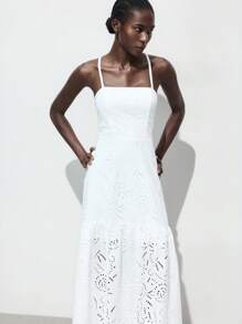 Maija 女士优雅刺绣印花细肩带连衣裙，度假风格 - 白色 - 查看 7