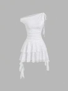 Sweetra New Asymmetric Lace Design Dress For Women