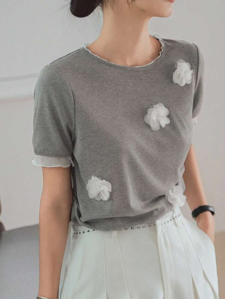 Women's Summer Casual Contrast Color Mesh Patchwork 3D Floral Decor Short Sleeve T-Shirt, Business & Holiday