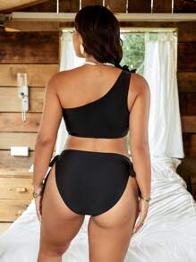 Swim Vcay Plus Size Solid Color Frill Trim Swimsuit Set For Summer Beach Vacation - Black - View 3