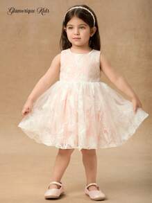 SHEIN Glamorique Kids 女宝宝公主花裙，生日派对婚礼节日礼服，花卉刺绣面料，无袖，蝴蝶结，白色，中东和欧洲风格，适合所有季节，女宝宝无袖公主薄纱裙，女宝宝公主泡泡裙派对礼服，夏季浅粉色，女童浅粉色连衣裙，幼儿浅粉色正式礼服，女宝宝婚礼宾客礼服，幼儿优雅连衣裙 - 白色 - 查看 3