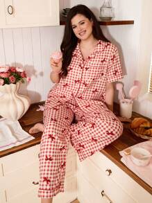SHEIN Bộ đồ ngủ họa tiết hoa kẻ caro cỡ lớn - Nhiều màu - Xem 6