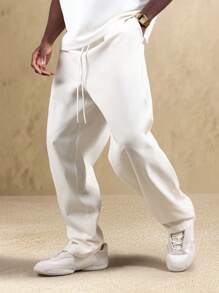 Pantalones rectos de estar en casa con cintura con cordón, ligeros y relajados, para hombre - Beis - Ver 4