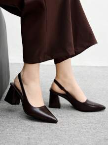 CUCCOO BIZCHIC Women's Fashion Coffee Brown Open Back Thick Heel Pointed Toe PU Leather Casual Slip-On Pumps, Suitable For Commute, Dating, Party, Vacation For Christmas - Coffee Brown - View 4