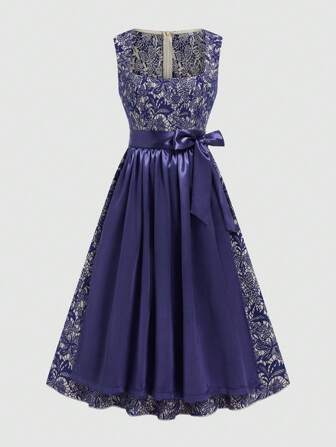 Fairmaia Traditional German Print Patchwork Women's Floral Dress Traditional Dirndl Dress With Square Neck, And Apron, For Oktoberfest, Halloween