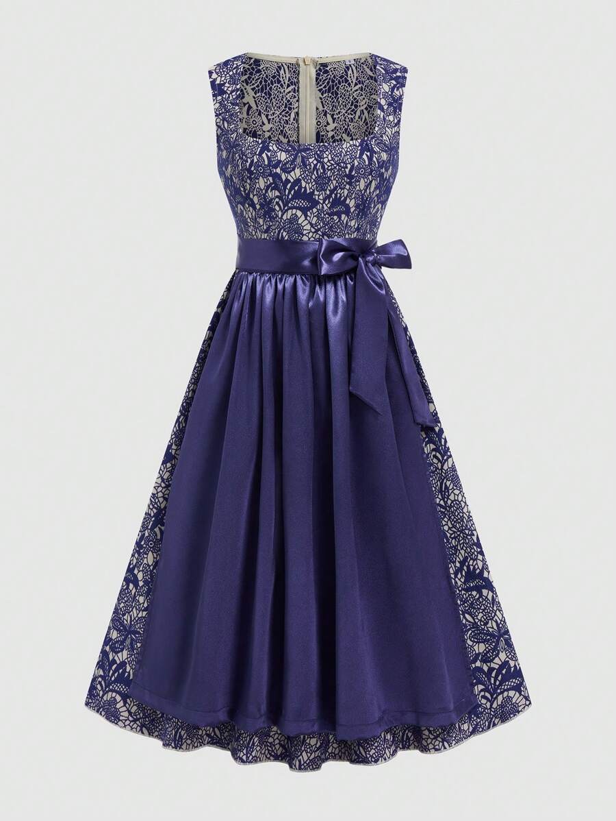 Fairmaia Traditional German Print Patchwork Women's Floral Dress Traditional Dirndl Dress With Square Neck, And Apron, For Oktoberfest, Halloween - Multicolor - View 1