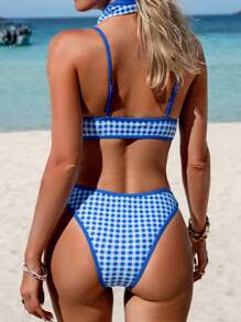 Swim Vcay Conjunto de bikini de 3 piezas con estampado de cuadros sexy y cuello en V profundo para mujer de verano