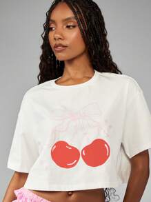 MISSGUIDED 樱桃印花短款上衣图案短袖休闲宽松夏季节日音乐会舞会日常穿着 T 恤 - 白色 - 查看 5