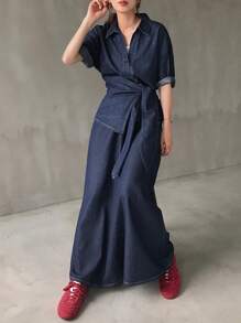 FRIFUL 女士休闲宽松抽绳衬衫和牛仔裙两件套 - 深色水洗藍 - 查看 2