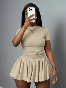 Slaydiva New Spring And Summer Casual Basic Style, Sports Style, Simple Round Neck, Short Sleeves, Pleated Short T-Shirt On Both Sides + A Swing Umbrella Skirt, Short On Both Sides, Front And Back, Medium Length, Light Gray Ribbed Knitted Fabric Women's Two Pieces Set - Apricot - View 6