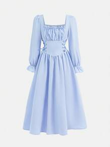 SHEIN Tween Girls' Elegant Waist Cinched Long Sleeve Midi Length Dress Fall Winter - Baby Blue - View 6