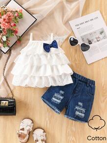 SHEIN Vintaside Kids 2pcs/Set Baby Girls Sleeveless Ruffled Top + Denim Shorts Summer Outfit - Multicolor - View 7