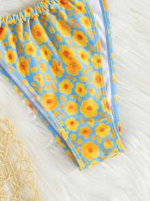 Swim Mod 2pcs/Set Summer Vacation Floral Gingham Print Adjustable Strap Backless Bikini Swimsuit Top And Bottom - Multicolor - View 4