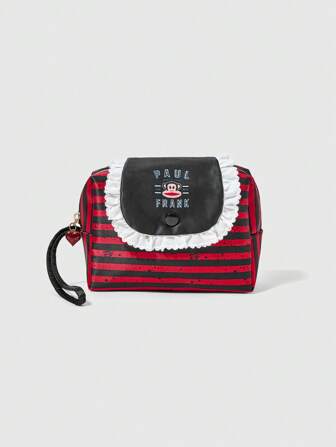 Paul Frank X ROMWE White Lace Cartoon & Striped Pattern Large Capacity Portable Makeup Organizer Cosmetic Bag