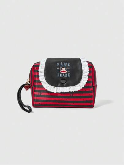 Paul Frank X ROMWE Bolsa de maquillaje organizadora portátil de gran capacidad con diseño de encaje blanco, rayas y dibujos animados, color rojo