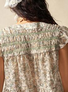 Bohemela Boho Countryside Resort Style Casual Woven Printing Ruffle Puff Sleeve V-Neck Women Blouse