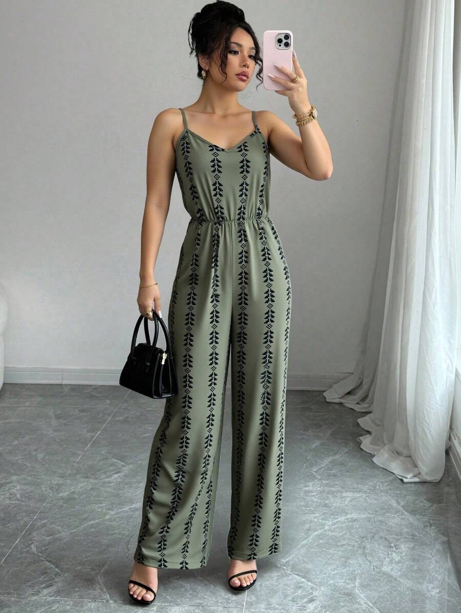 Elenzga Bộ đồ liền thân in họa tiết tối giản dành cho nữ - xanh quân đội - Xem 1