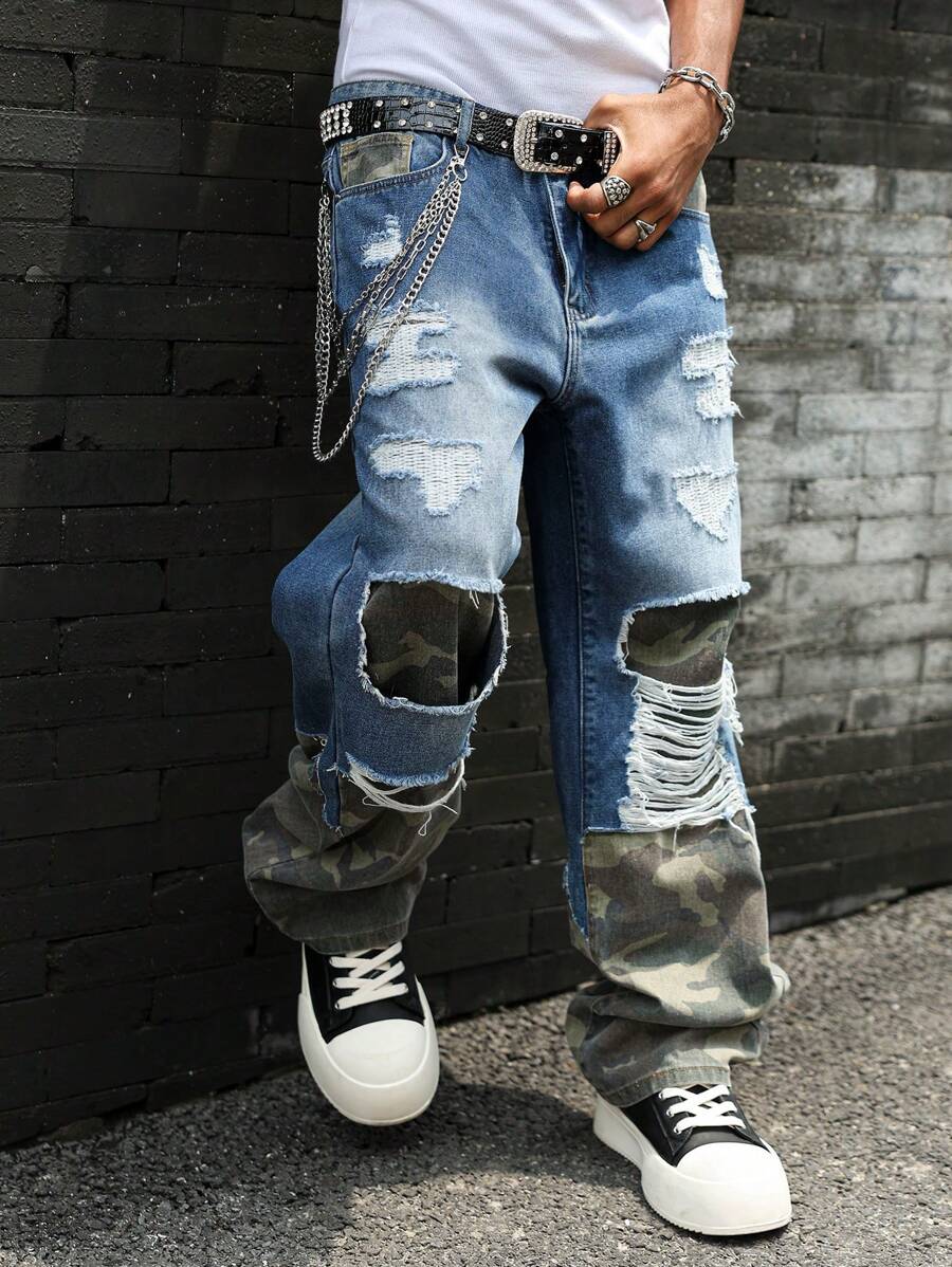 Manfinity EMRG Men's Contrast Color Camo Print Distressed Pocket Street Style Jeans