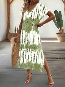 EMERY ROSE Damsommar Ny Avslappnad V-ringad Kortärmad Lös Tie-Dye Mönstrad Klänning med Delad Slit