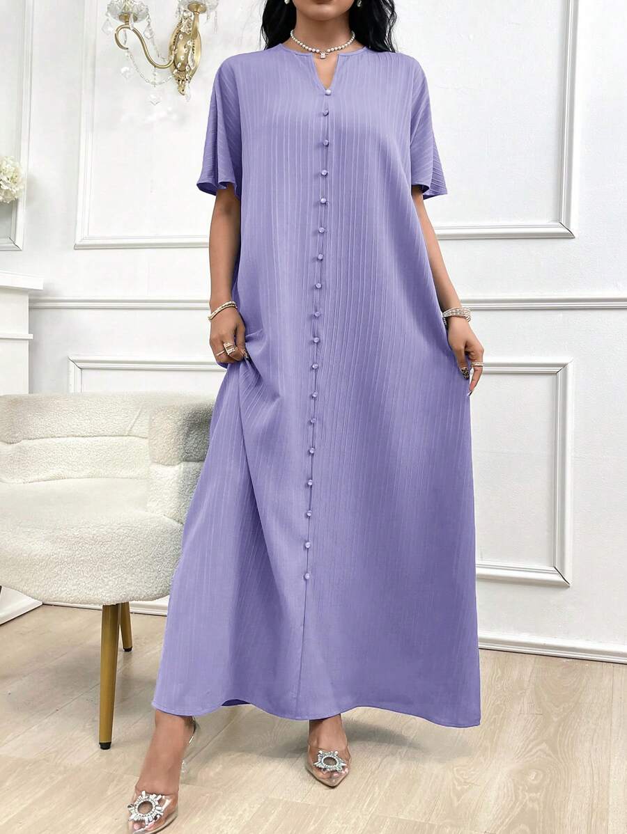 Al Najma Women's Elegant Solid Color Notched Neck Arabian Style Dress - Purple - View 1