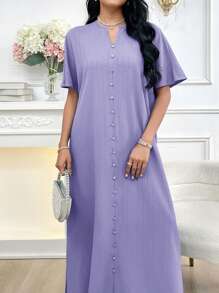 Al Najma Women's Elegant Solid Color Notched Neck Arabian Style Dress - Purple - View 4