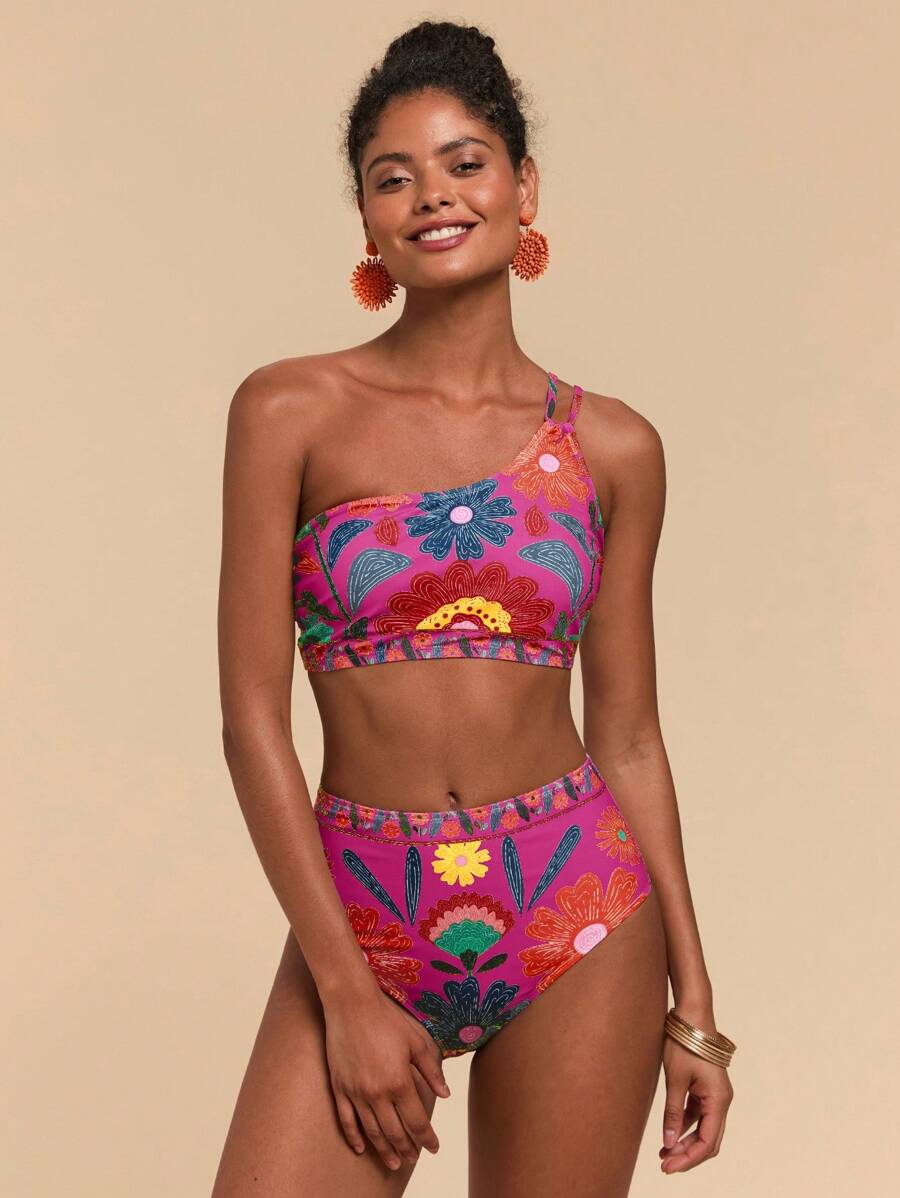 Travachic Conjunto de bikini floral sexy de un hombro para mujeres en la playa de verano